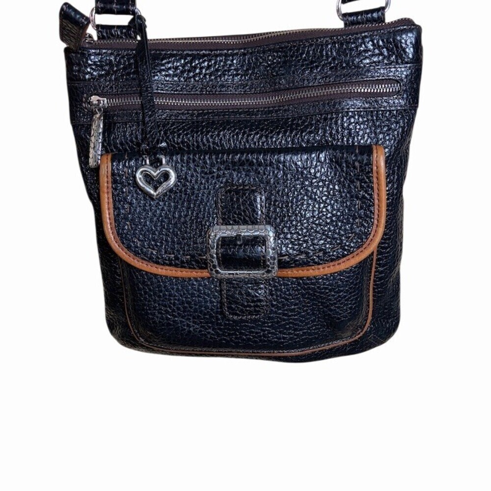 Brighton Crossbody Bag Womens Medium Black Brown Trim Heart Charm Zip
